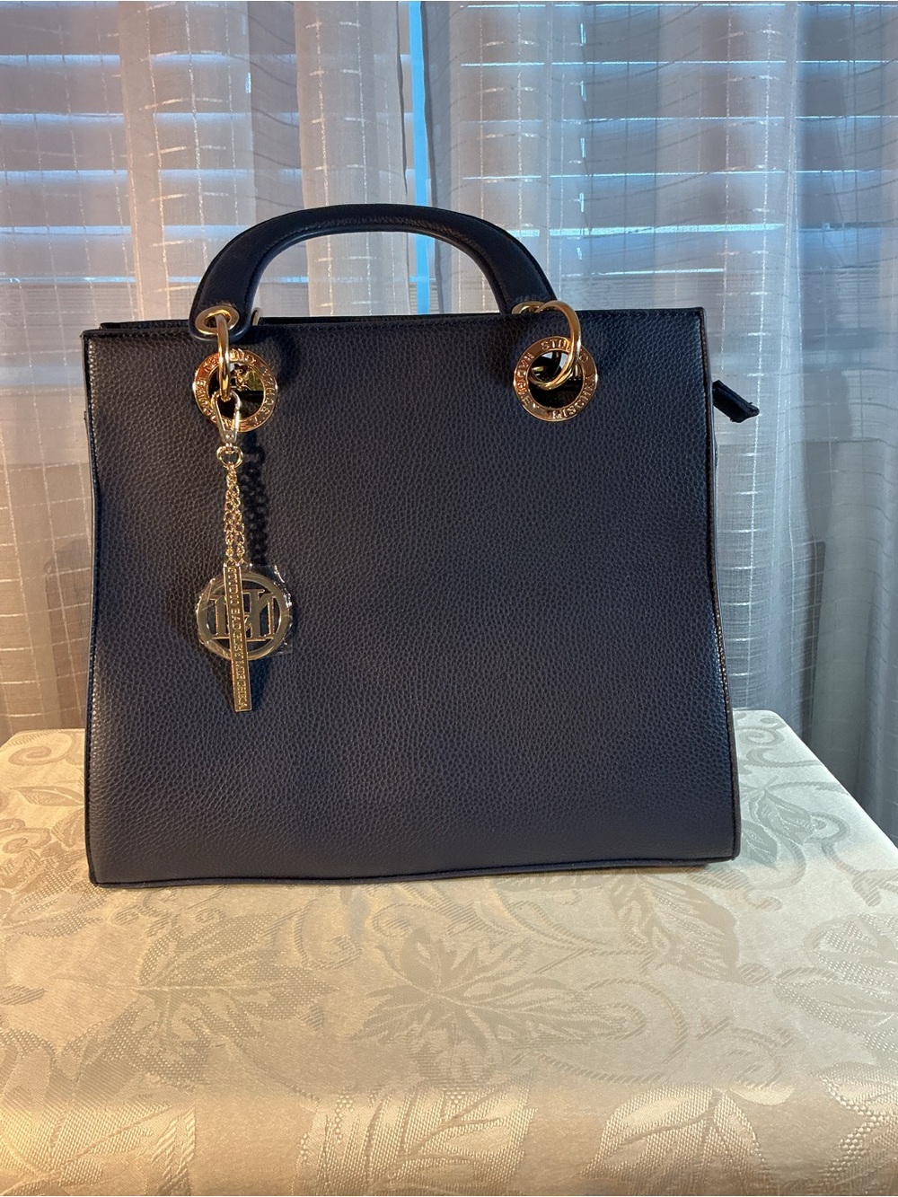 Badgley Mischka Navy Blue Satchel Vegan Tote with Gold Tone Logo Charm